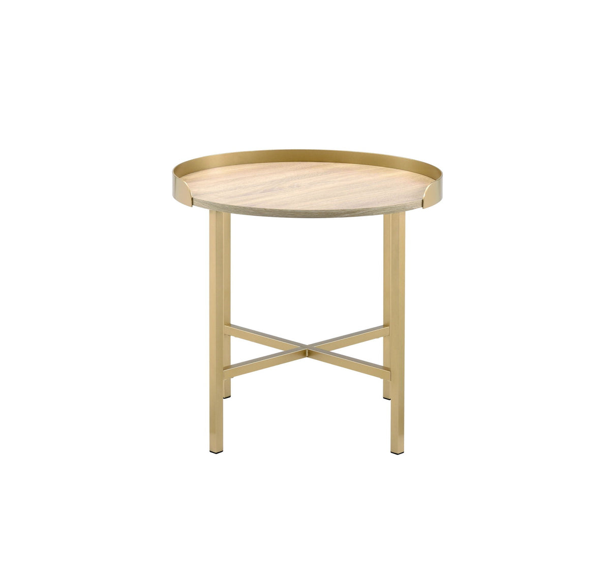 Oak and Gold End Table with Cross-Bar Metal Base; round oak top, gold frame, 22in diameter on Tampa Home & Garden Store
