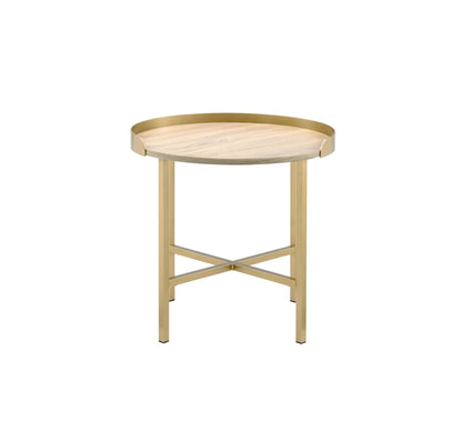 Oak and Gold End Table with Cross-Bar Metal Base; round oak top, gold frame, 22in diameter on Tampa Home & Garden Store
