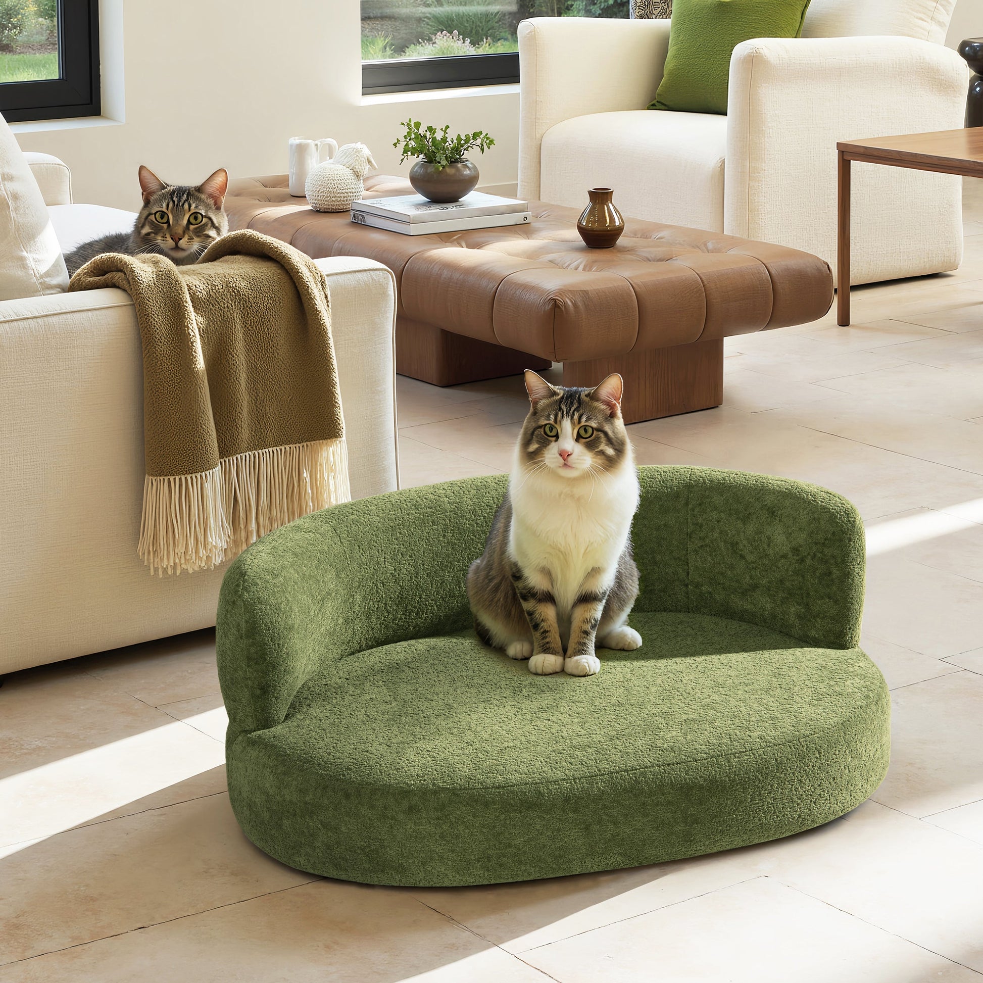 Shep 36-inch curved dog sofa bed moss green fleeced teddy fabric for pets on Tampa Home & Garden Store