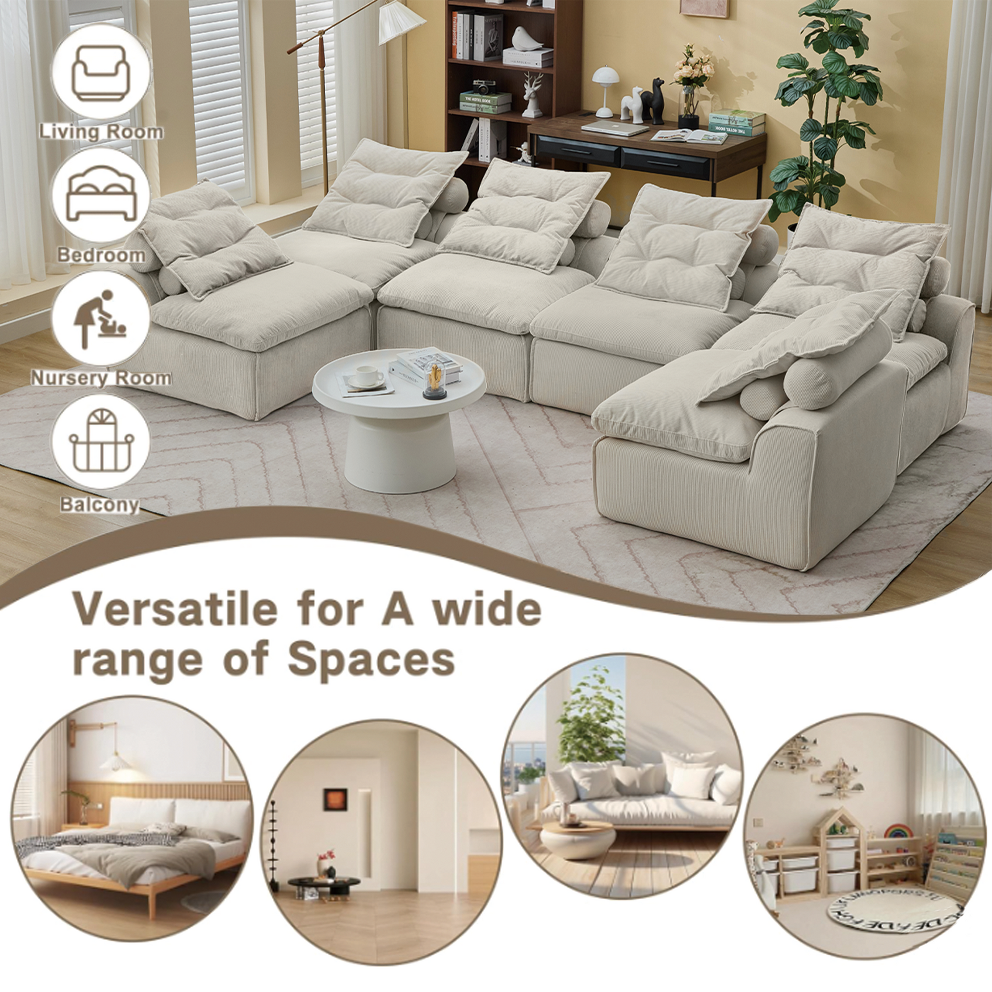 Modular sofa 6-piece set in beige corduroy with plush cushions by HouseOfZazla on Tampa Home & Garden Store