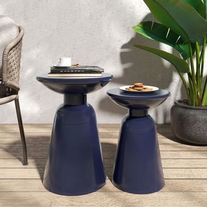 Serenita Outdoor Side Tables Set of 2 in navy blue with flared pedestal bases on Tampa Home & Garden Store
