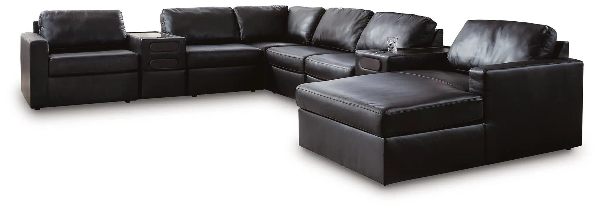 ModMax II Sectional black leather stationary sofa with cupholder console and oversized ottoman on Tampa Home & Garden Store