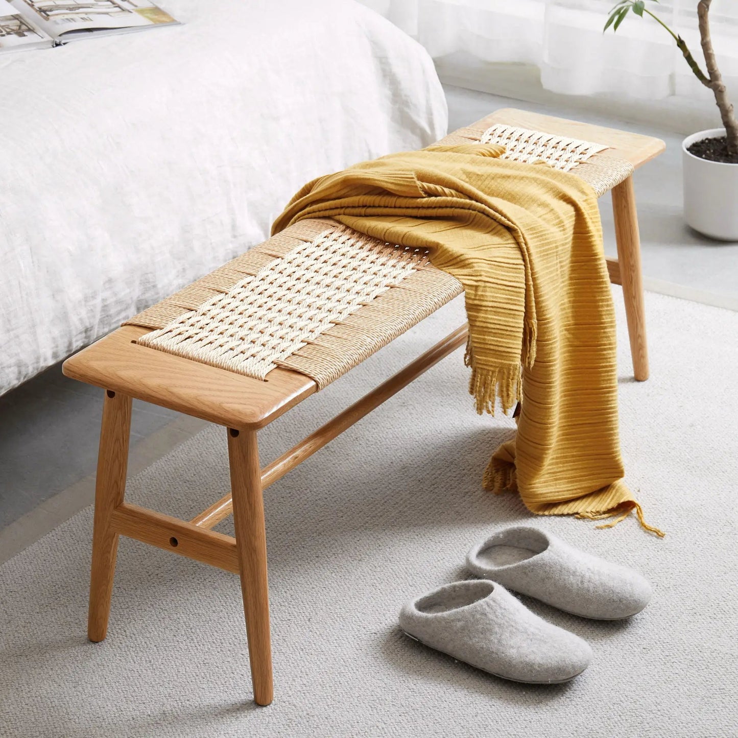 Woven Design Dining Bench in Natural Oak