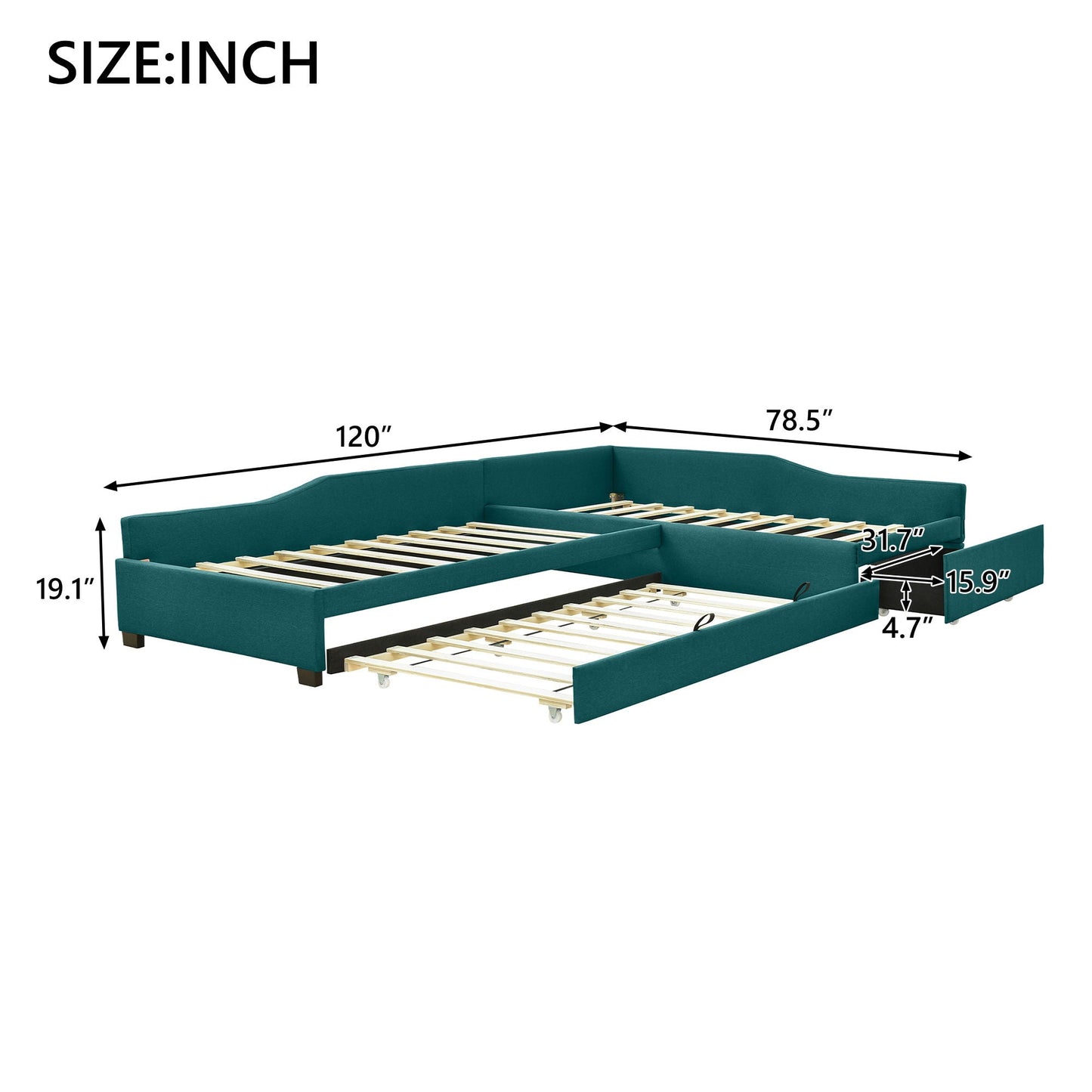 Upholstered teal double daybed with trundle and drawer, HouseOfZazla bed frame on Tampa Home & Garden Store