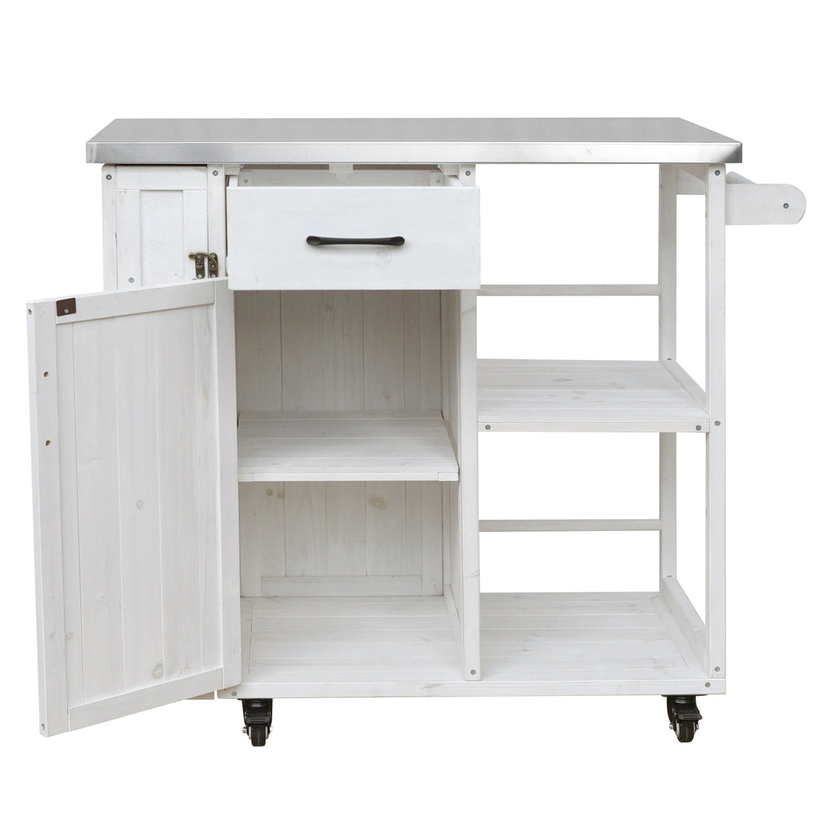 Outdoor kitchen island in white fir wood with stainless steel top, drawer and shelf on Tampa Home & Garden Store