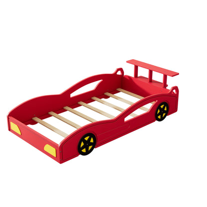 Race Car Platform Bed & Wheels red frame with wooden slats, rear spoiler and yellow wheels on Tampa Home & Garden Store