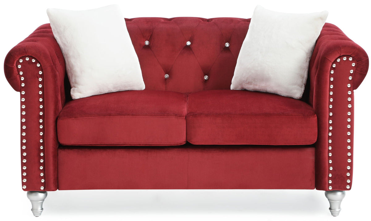Contemporary red velvet loveseat with jeweled tufting and white pillows HouseOfZazla on Tampa Home & Garden Store