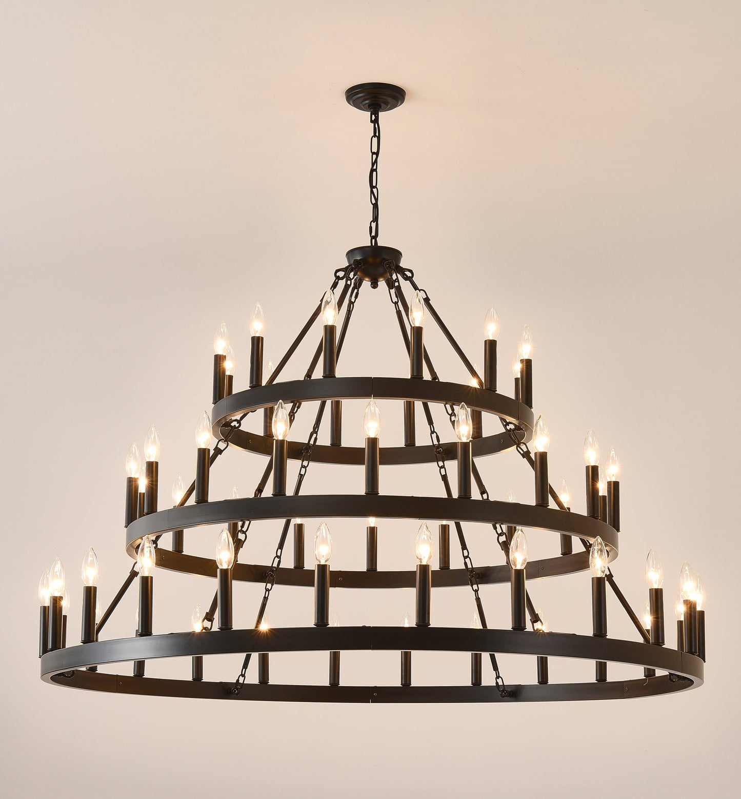 3 Tiers Wagon Wheel Chandelier - 54-Light matte black metal, HouseOfZazla, hanging chain on Tampa Home & Garden Store