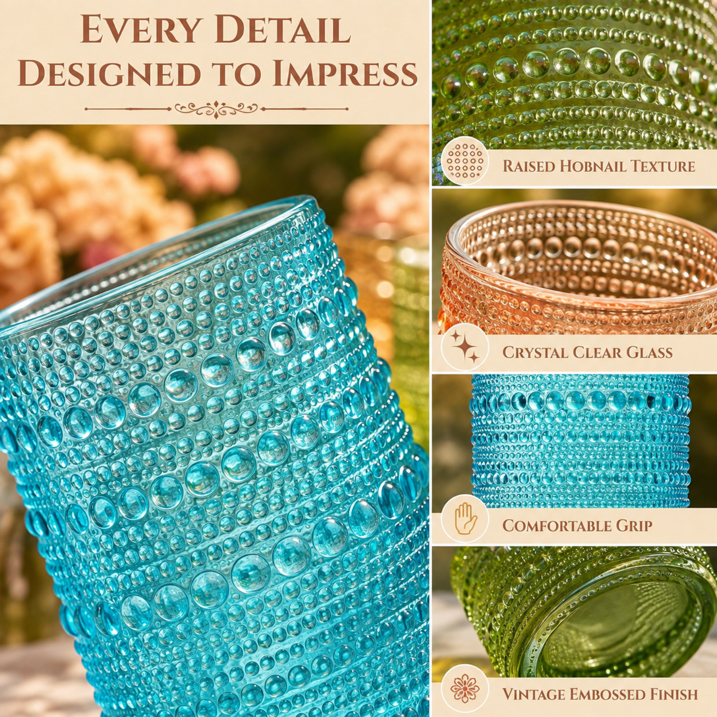 Fortuna Hobnail Lowball and Highball Glass Set