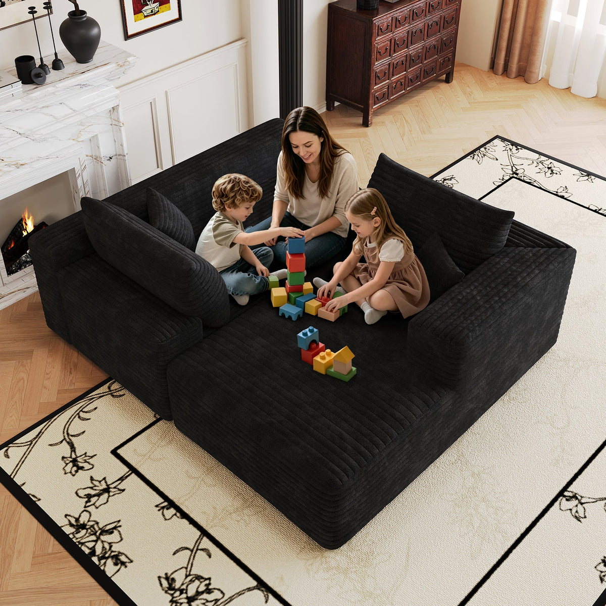 Modern Minimalist Cloud Sectional Sofa by HouseOfZazla, black quilted fabric on Tampa Home & Garden Store