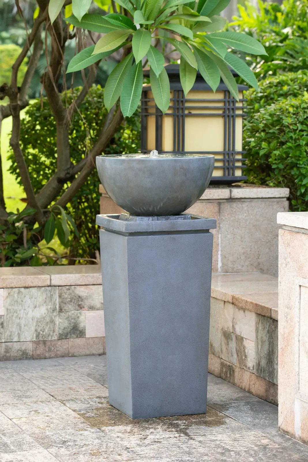 Zen Bowl Water Fountain for birds, gray stone bowl on square pedestal, outdoor garden decor on Tampa Home & Garden Store
