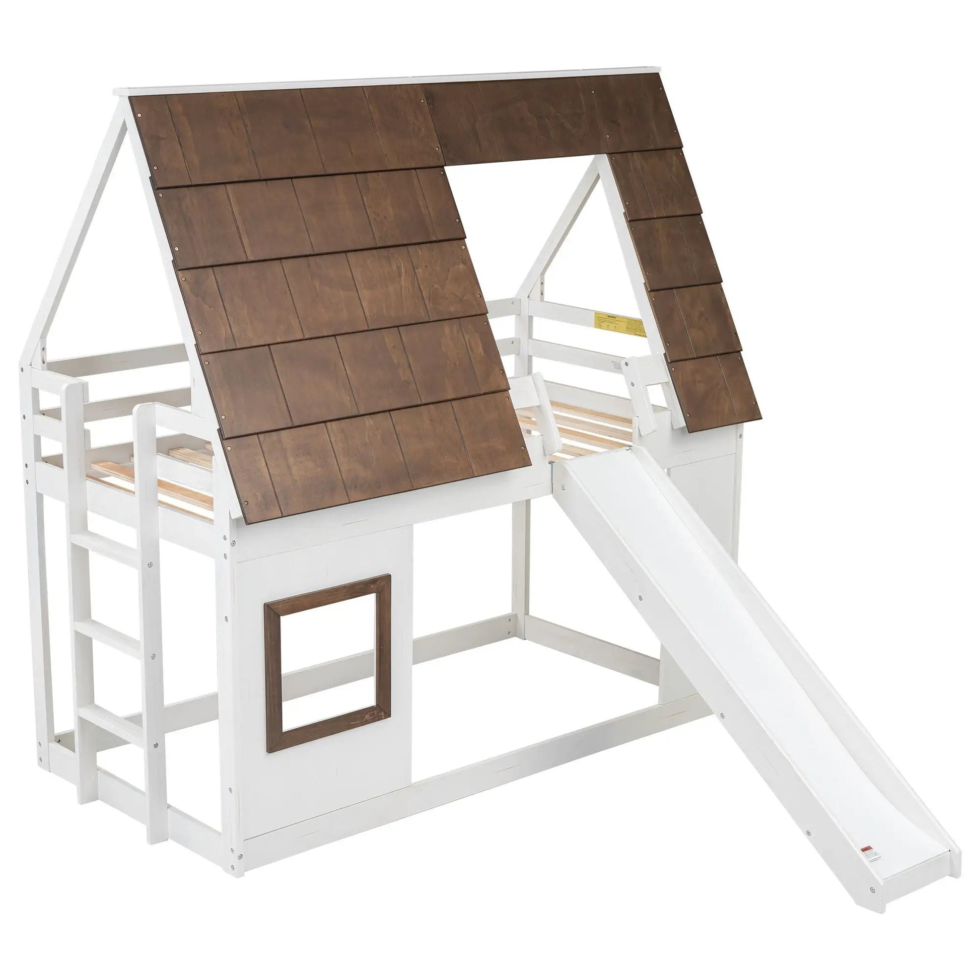 Wood twin-size house bunk bed with roof and slide white brown panels Unique Piece Furniture on Tampa Home & Garden Store
