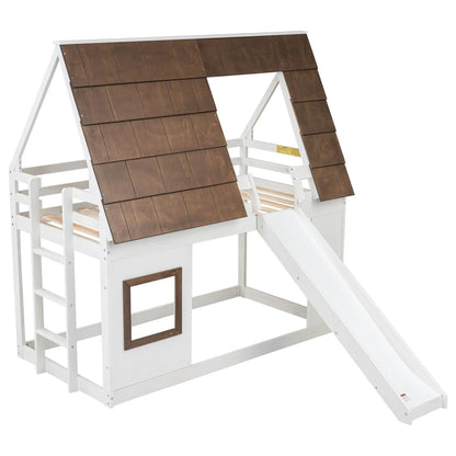 Wood twin-size house bunk bed with roof and slide white brown panels Unique Piece Furniture on Tampa Home & Garden Store
