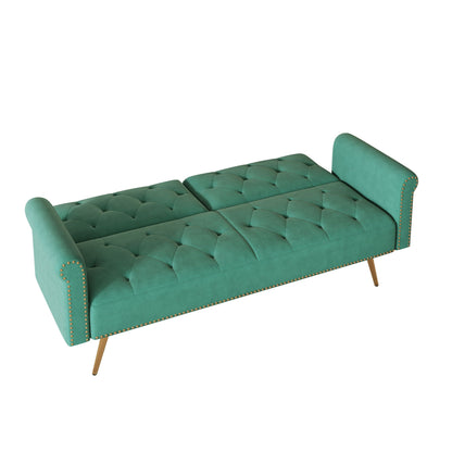 Velvet futon sofa bed emerald green with nailhead trim and matching pillow by HouseOfZazla on Tampa Home & Garden Store