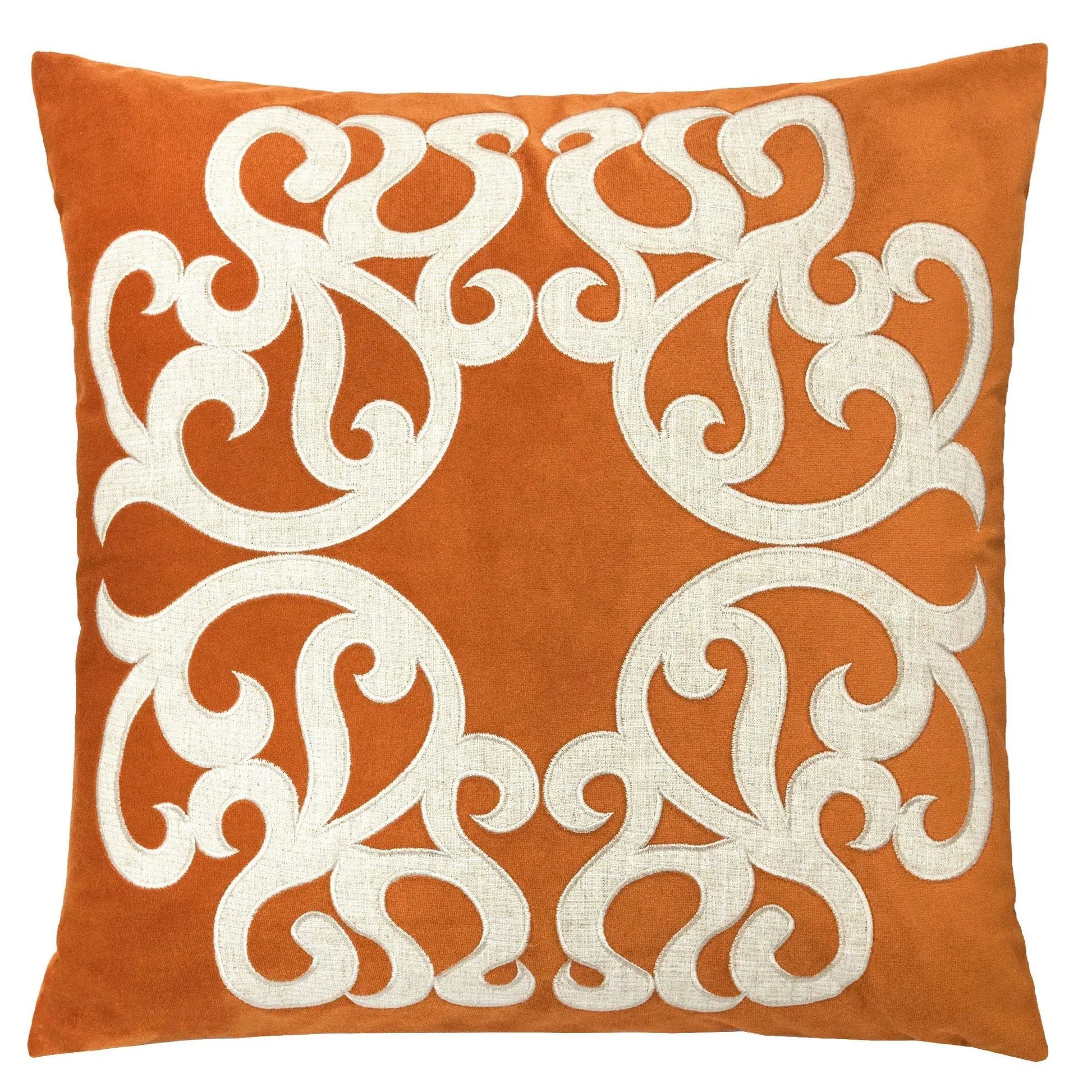 Dora pillow cover with matching back, orange fabric with white scroll pattern on Tampa Home & Garden Store
