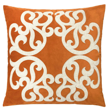 Dora pillow cover with matching back, orange fabric with white scroll pattern on Tampa Home & Garden Store
