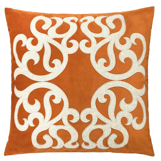 Dora pillow cover with matching back, orange fabric with white scroll pattern on Tampa Home & Garden Store