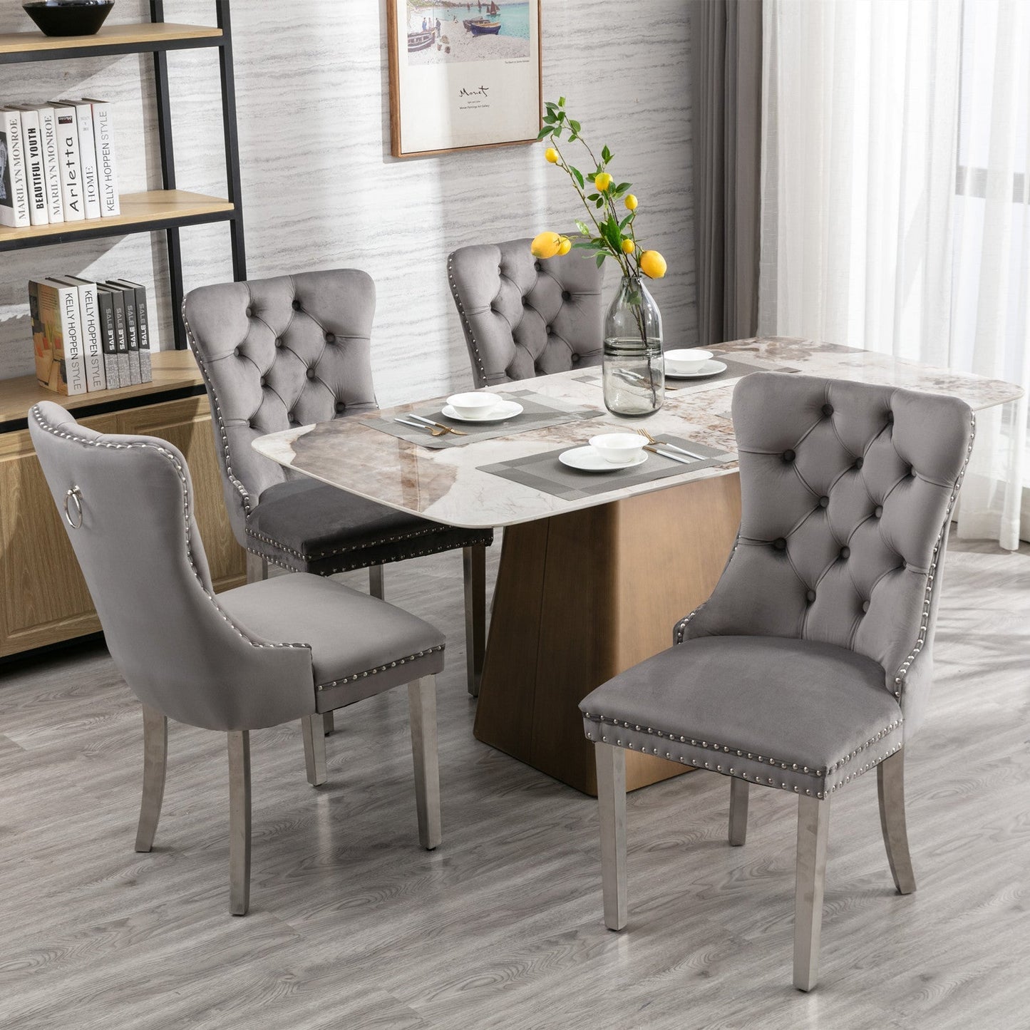 Nikki Collection velvet dining chairs, tufted gray upholstery with nailhead trim, set of 2 on Tampa Home & Garden Store