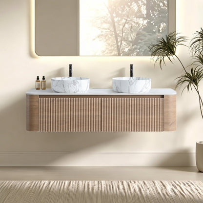 Erba 60 Inch Honey Oak Bathroom Vanity with two marble vessel sinks and black faucets on Tampa Home & Garden Store