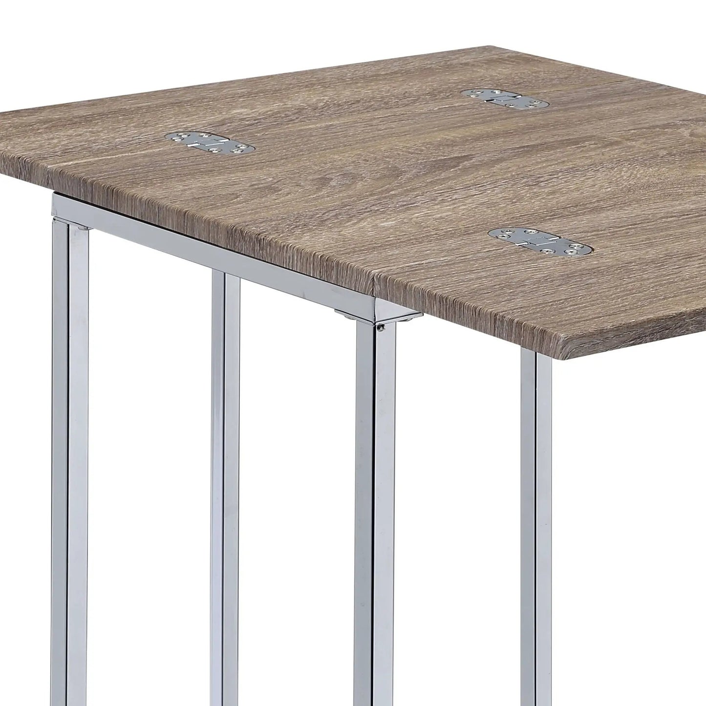 Danson Weathered Oak Accent Table with oak wood top and chrome metal legs on Tampa Home & Garden Store