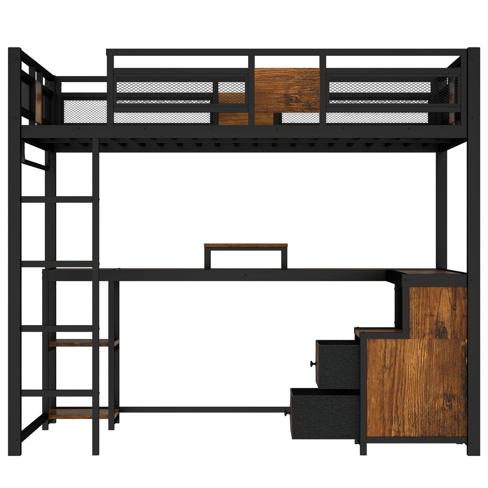Queen Loft Bed with Desk and Storage by HouseOfZazla, black metal frame with wood storage panels on Tampa Home & Garden Store