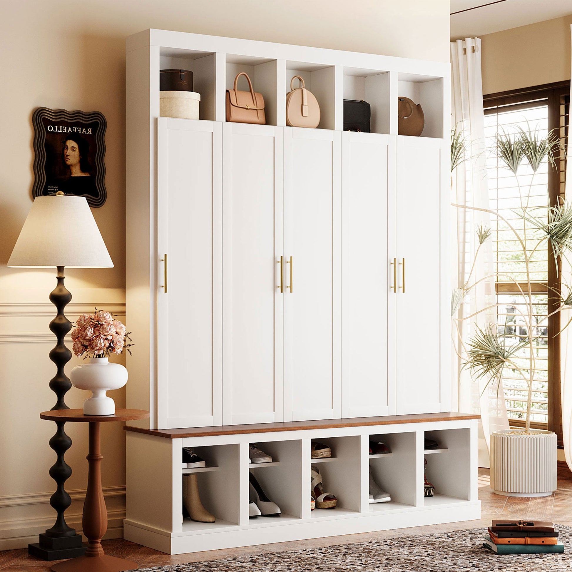 U-Can Farmhouse Entryway Cabinet with shoe rack and display cubbies, white finish on Tampa Home & Garden Store
