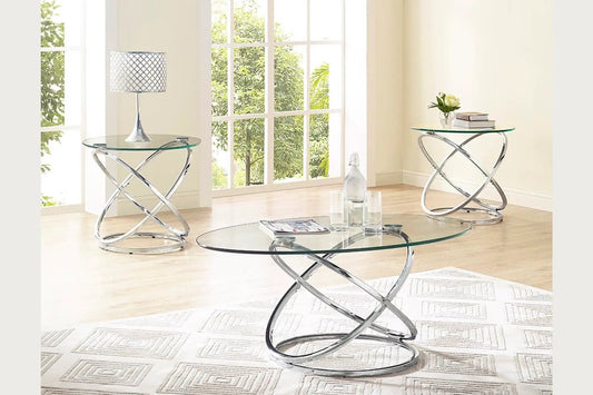 Chrome cocktail table set; 3-piece end and coffee tables with twisted chrome bases on Tampa Home & Garden Store