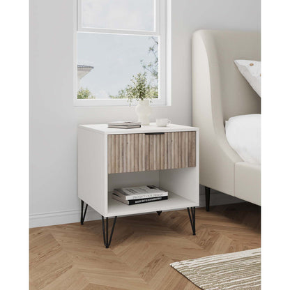 Fluted Nightstand with Drawer white frame, wood slat, black hairpin legs, vase, books and cup on Tampa Home & Garden Store