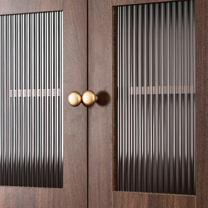 Kitchen pantry hutch storage cabinet in farmhouse brown with vertical glass panels and gold knobs on Tampa Home & Garden Store