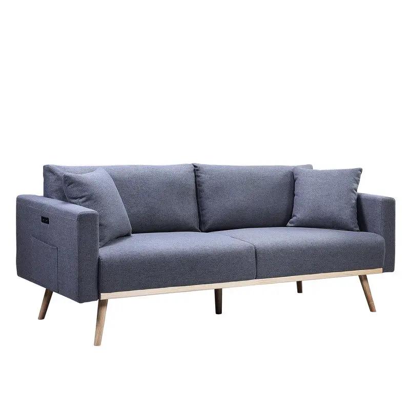Easton fabric sofa blue-gray with USB ports, pocket, two pillows, tapered wood legs on Tampa Home & Garden Store