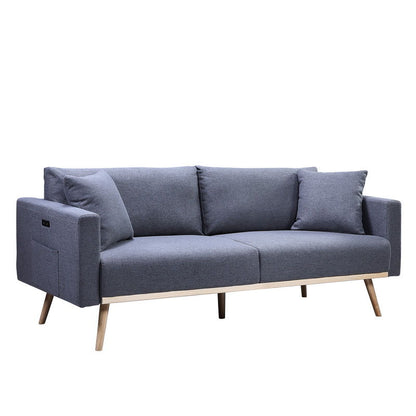 Easton fabric sofa blue-gray with USB ports, side pocket and two pillows, wooden legs on Tampa Home & Garden Store