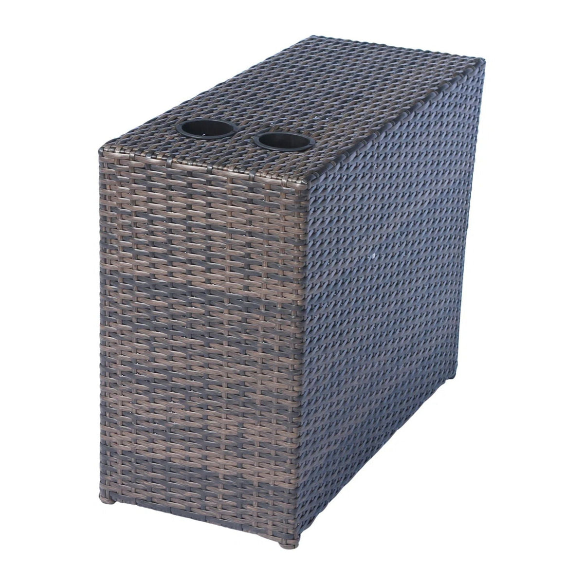 Dark brown outdoor wicker end table with built-in dual cup holders for patio use on Tampa Home & Garden Store