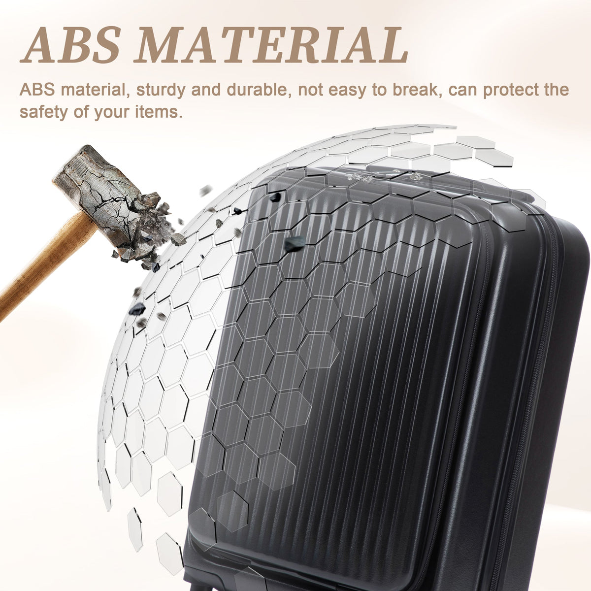 ABS spinner wheel luggage by HouseOfZazla in black with hexagonal panel texture hammer impact on Tampa Home & Garden Store