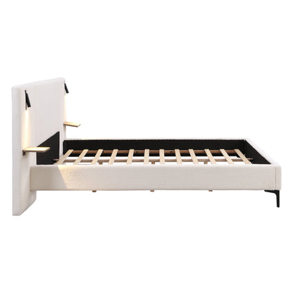 Elegant Boucle Bed With Built In Light And Shelf
