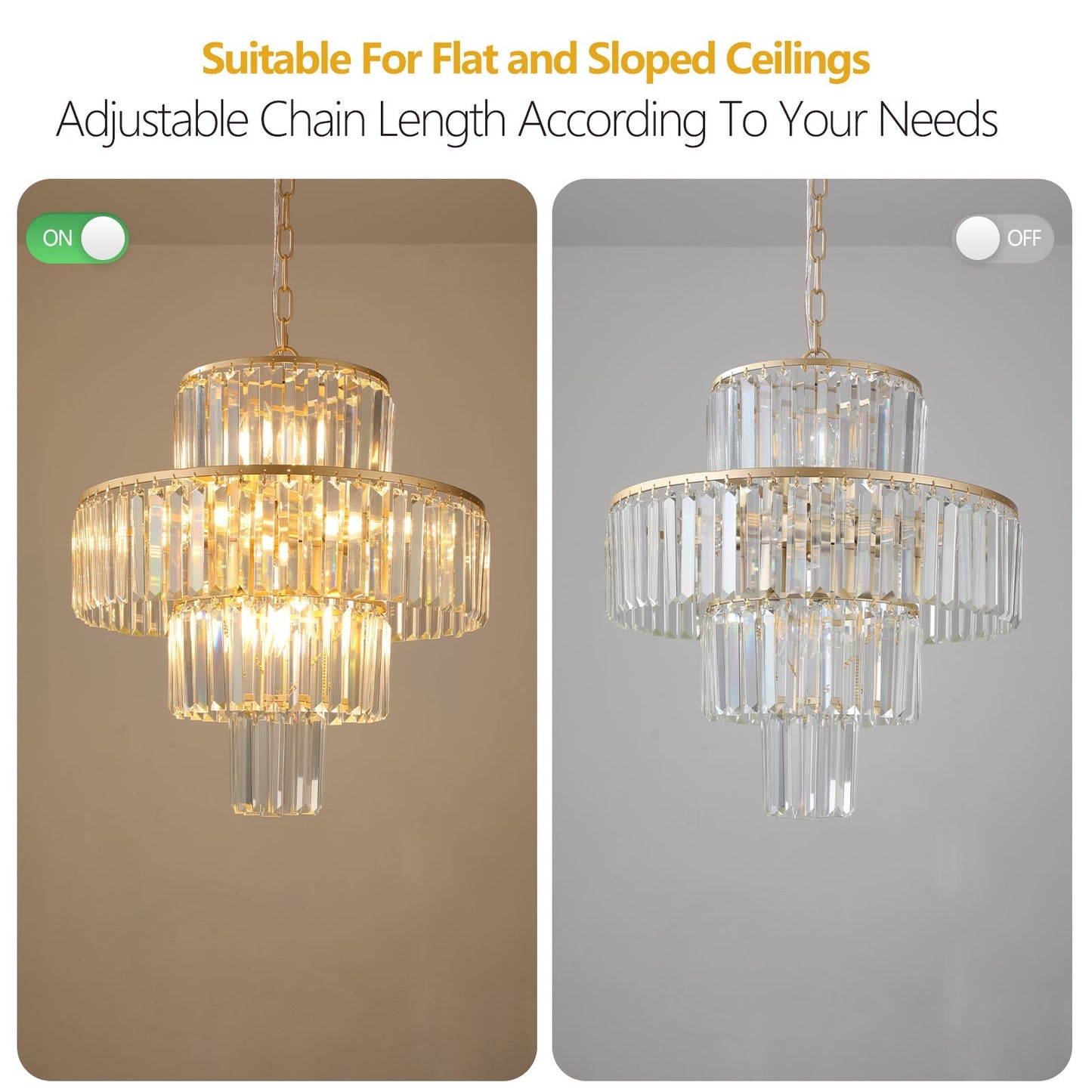 Chandelier 20' Modern Crystal with Gold Finish by HouseOfZazla, crystal prisms accents on Tampa Home & Garden Store