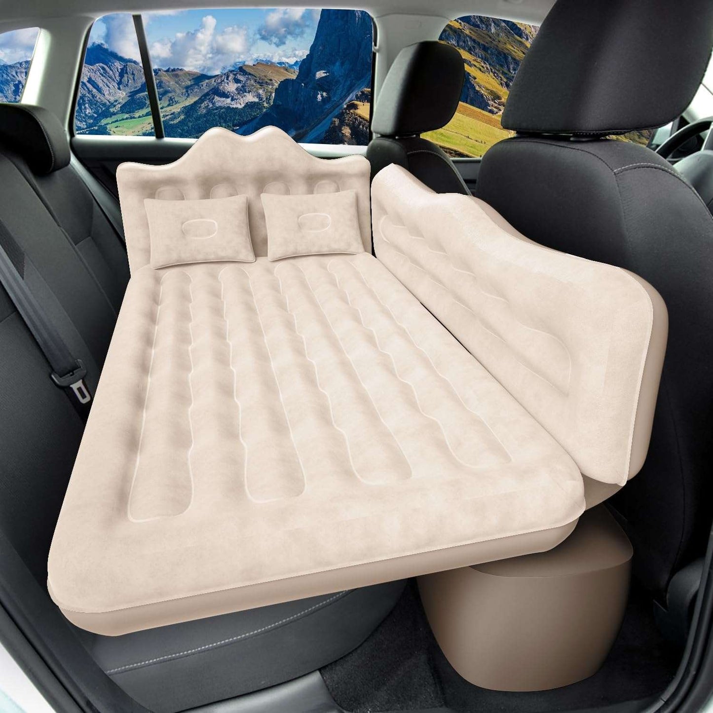 Beige backseat air mattress for SUV with two small pillows, 30.31 in wide in car interior on Tampa Home & Garden Store