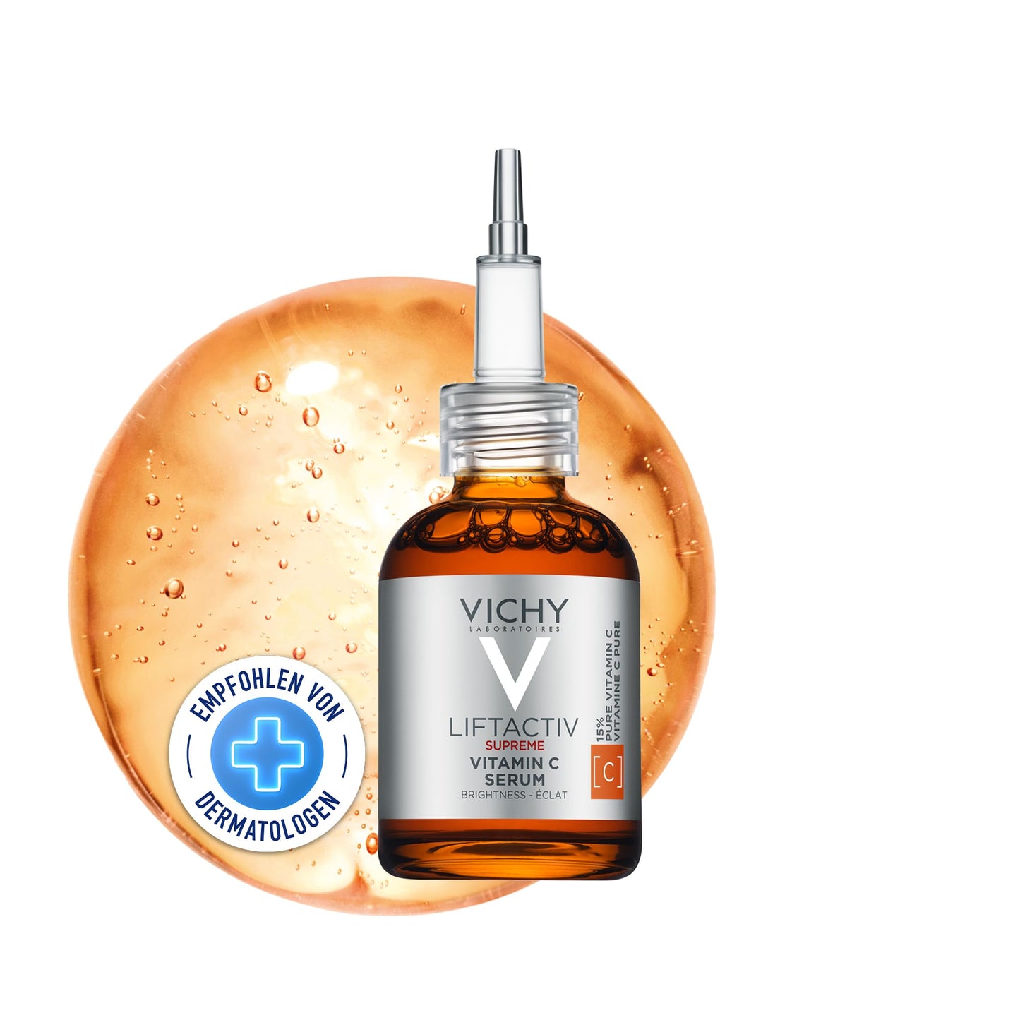 Vichy Liftactiv Vitamin C Serum bottle with dropper against orange circle backdrop on Tampa Home & Garden Store