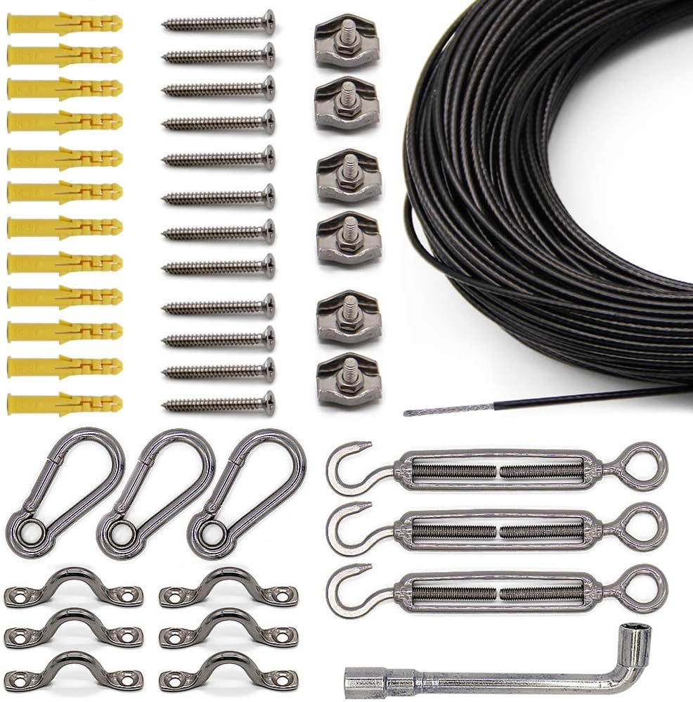 Kit de cable para colgar luces de cadena, cable guía de acero inoxidable 304 revestido de nailon y accesorios para luces de cadena de bistró para exteriores