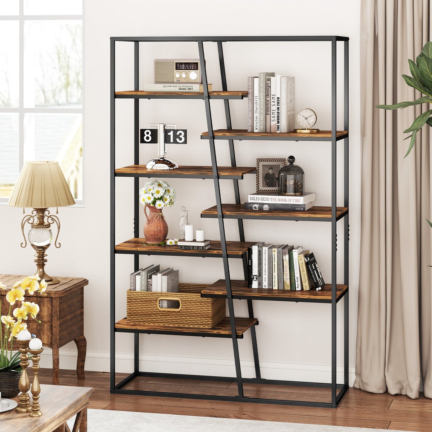 Estantería de Etagere Industrial de 71 Pulgadas y 7 Niveles con Marco de Metal Resistente - Marrón Rústico