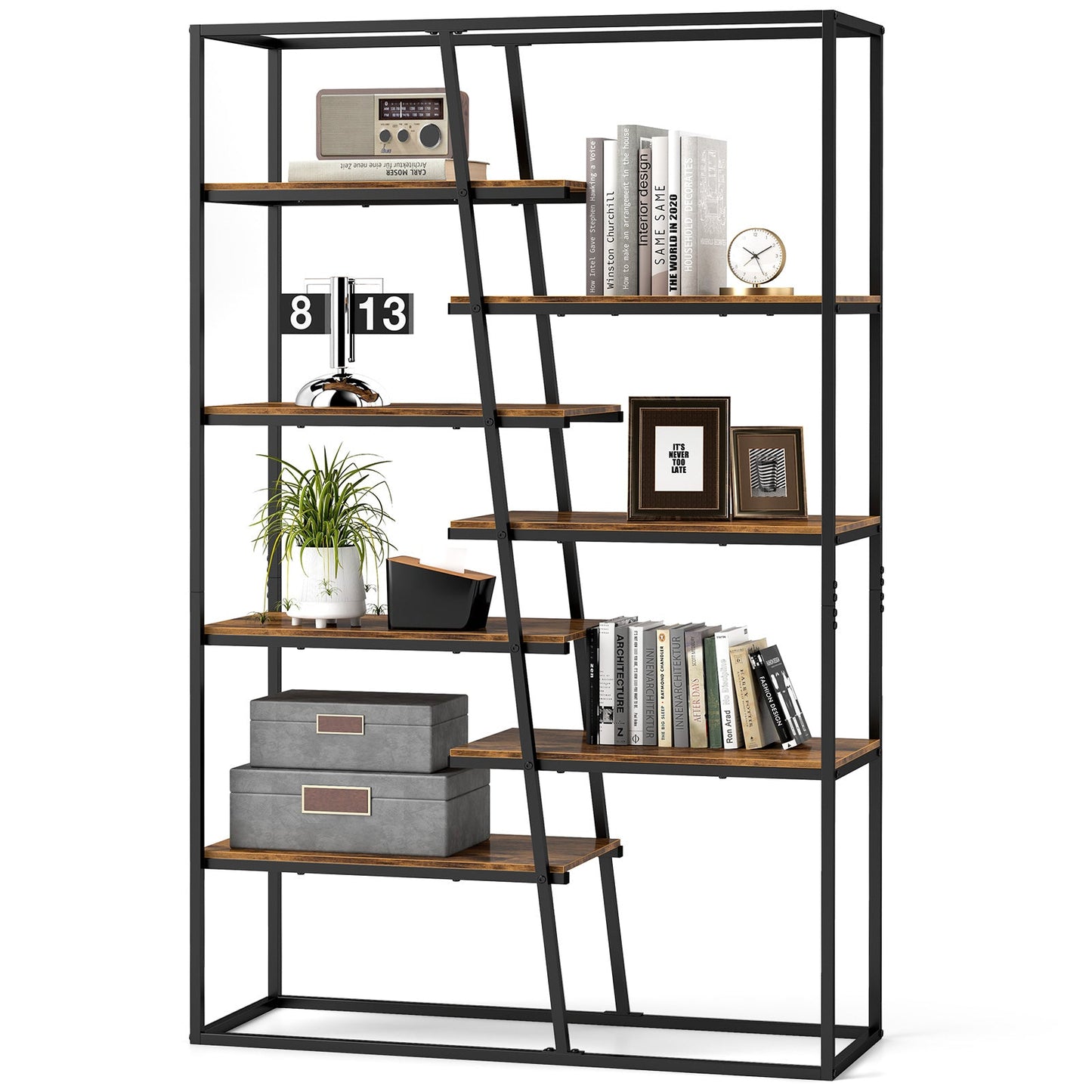 Estantería de Etagere Industrial de 71 Pulgadas y 7 Niveles con Marco de Metal Resistente - Marrón Rústico