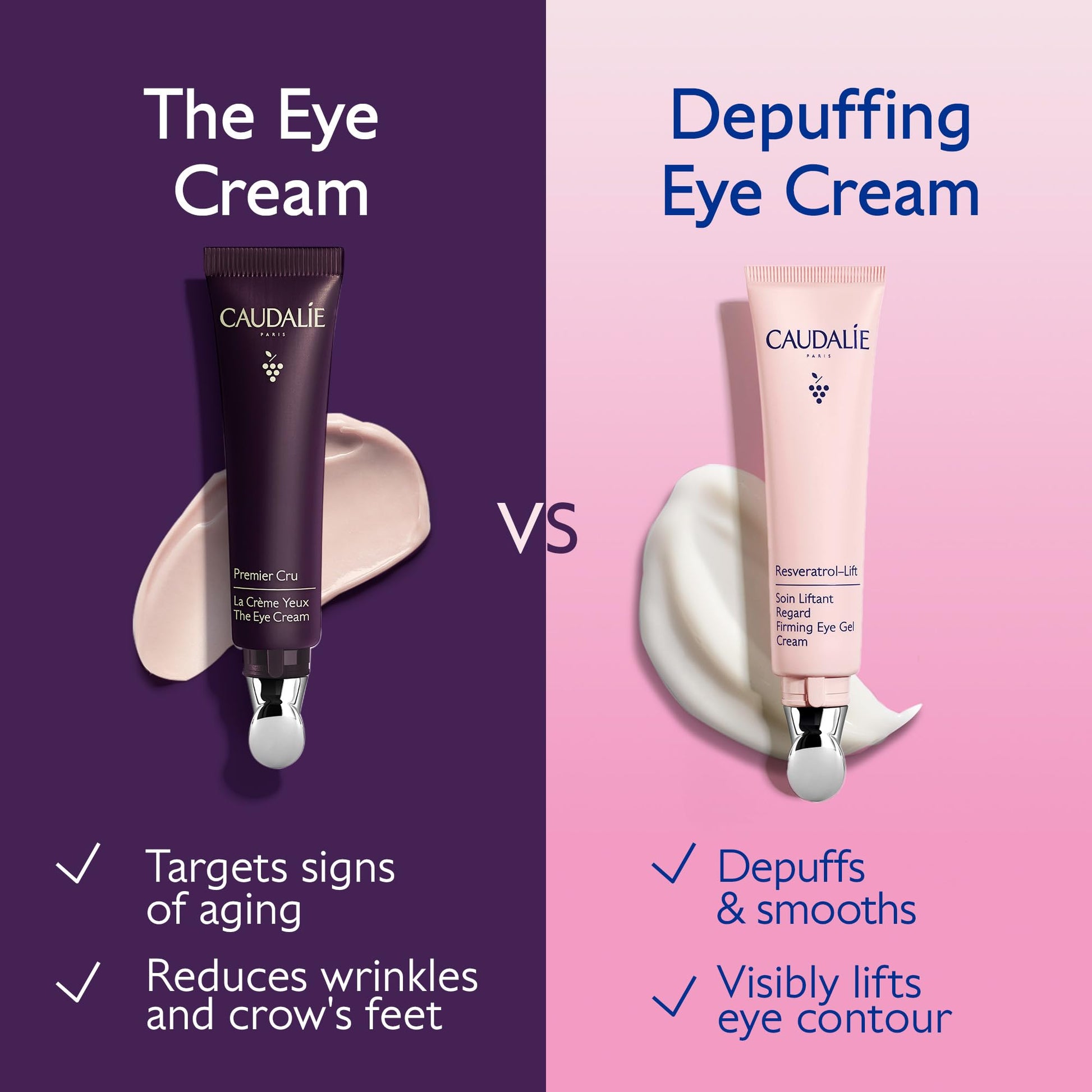 Two Caudalie eye creams: Premier Cru The Eye Cream (dark purple) and Resveratrol Lift Firming Eye Cream (pink) on Tampa Home & Garden Store