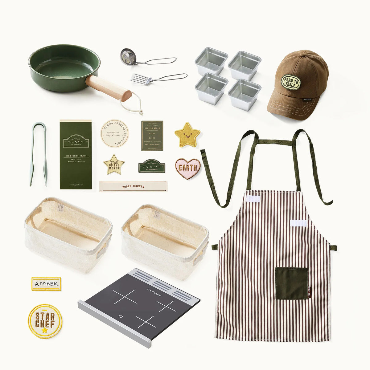 Tiny Land BistroSwitch Play Kitchen set with green pan and metal utensils, Tiny Land INC on Tampa Home & Garden Store