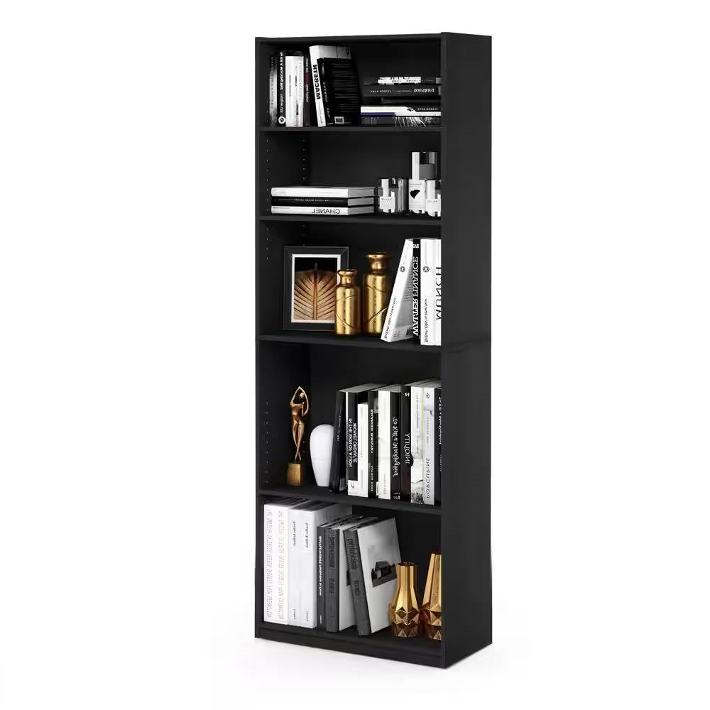 71-inch Tall 5-Shelf Bookcase in Black Wood Finish - Tampa Home & Garden Store