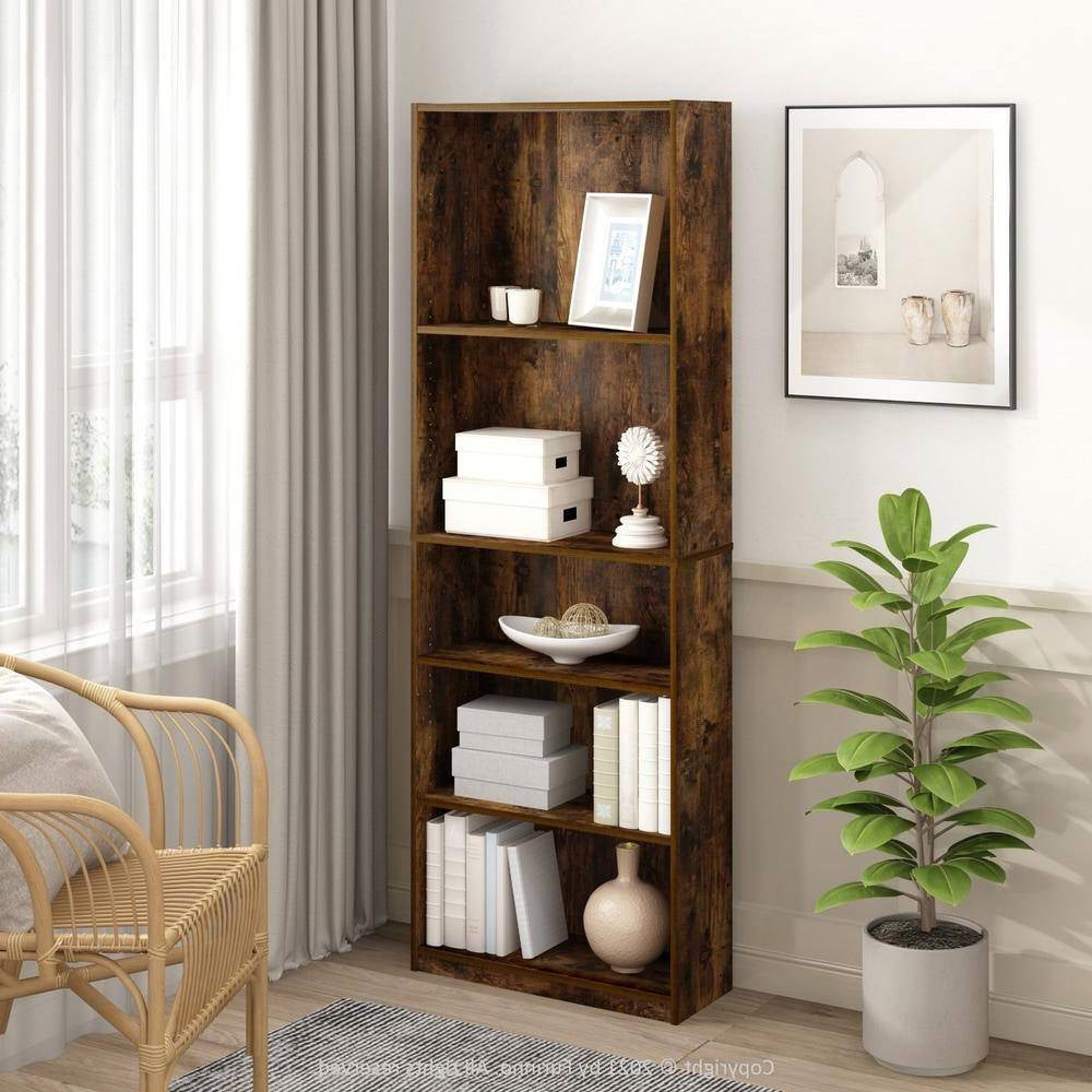 71-inch Tall 5-Shelf Bookcase in Medium Brown Wood Finish - Tampa Home & Garden Store