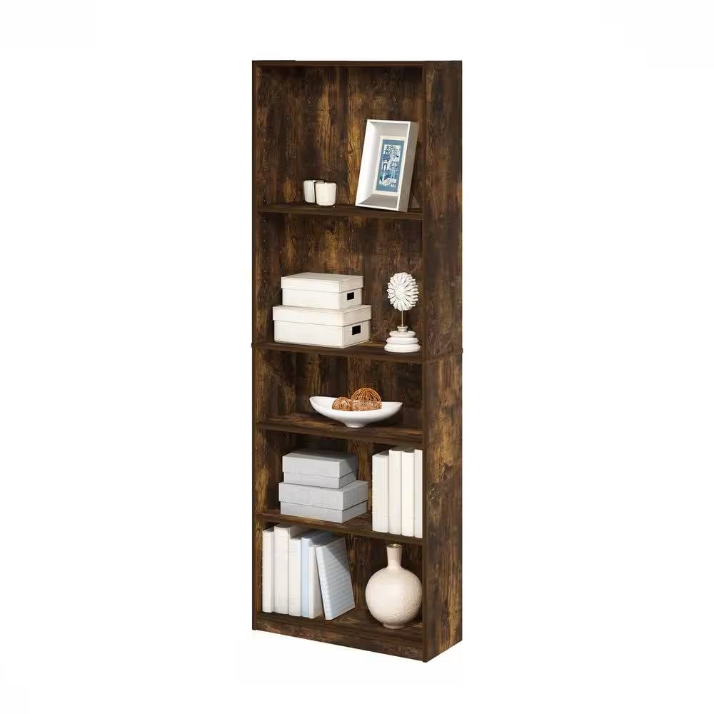 71-inch Tall 5-Shelf Bookcase in Medium Brown Wood Finish - Tampa Home & Garden Store