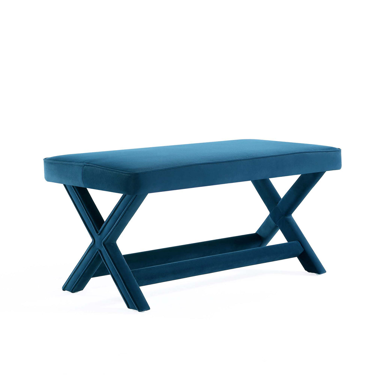 Accent bench upholstered in blue with piped cushion and solid wood frame on Tampa Home & Garden Store