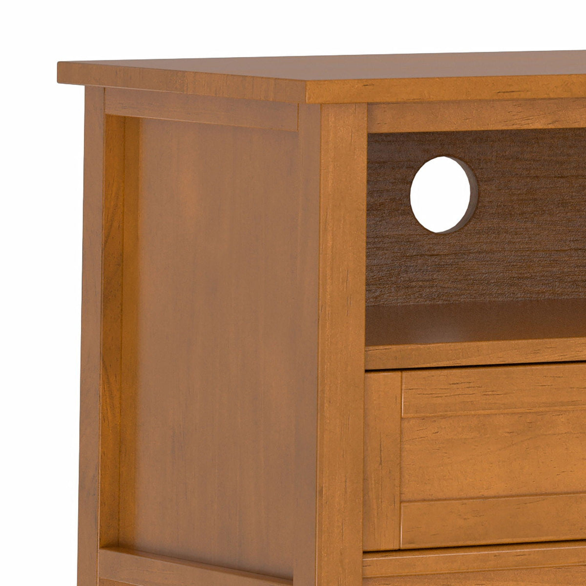 Shaker TV Stand and Solid Wood Media Console in honey oak finish with cable hole on Tampa Home & Garden Store
