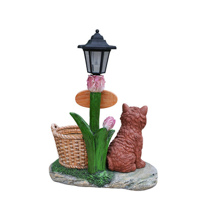 Sitting puppy solar planter statue with lantern atop a green stem pink blossom wicker basket and brown dog figure HouseOfZazla on Tampa Home & Garden Store