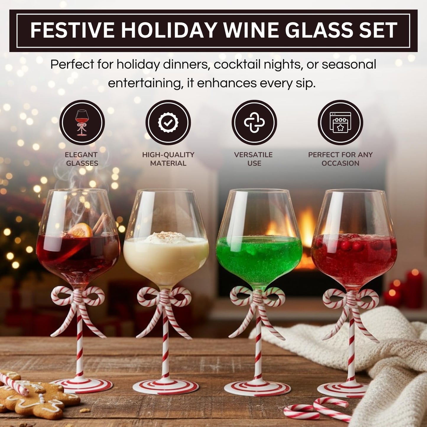 Christmas Candy Cane Stem Wine Glasses A Pair