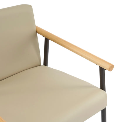 Mid Century Modern khaki counter stool with light wood armrest and black metal frame on Tampa Home & Garden Store